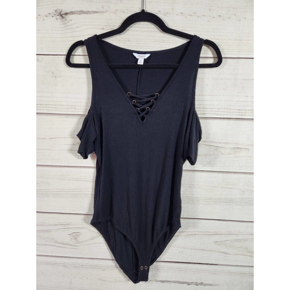Candie's Women's Black Cold Shoulder Lacy Up Bodysuit Minimalist Size L